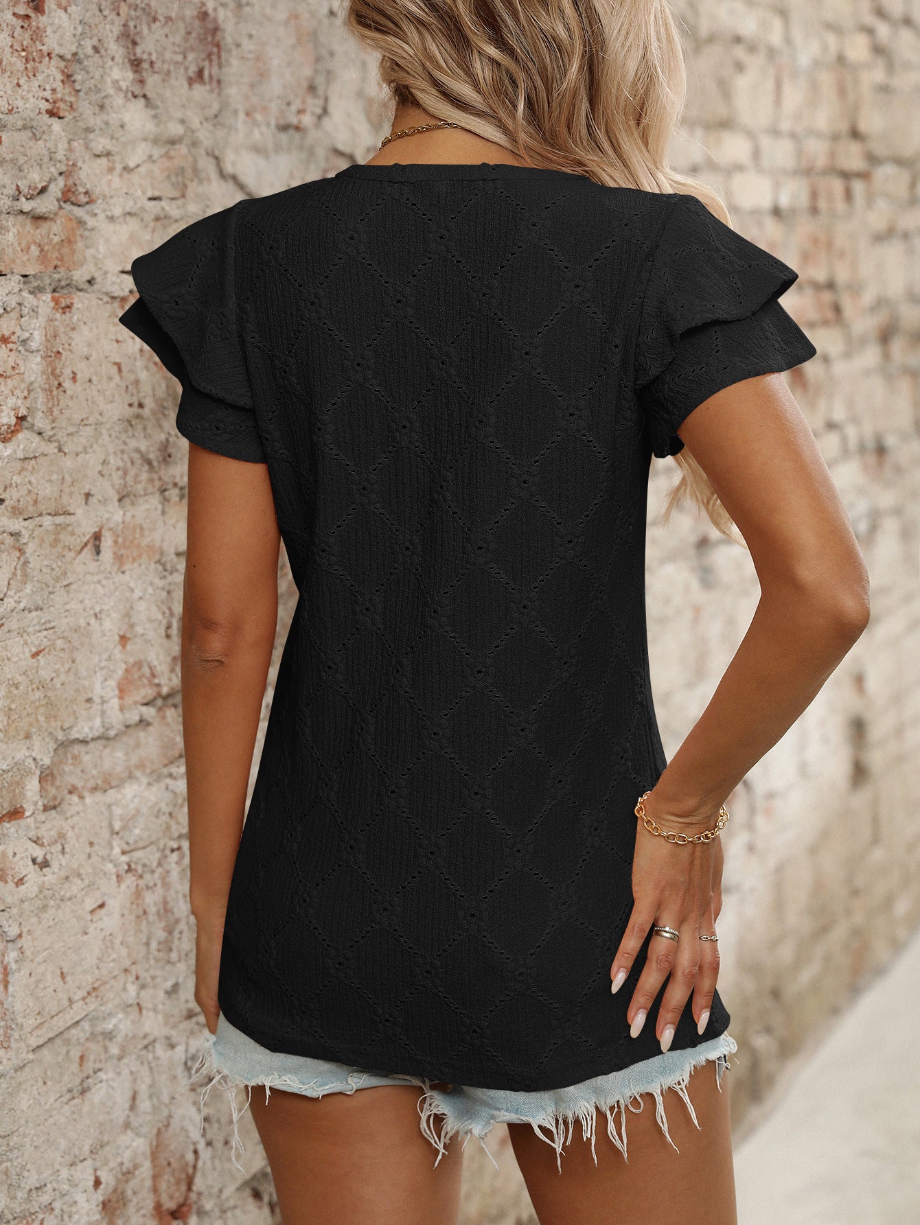 V Neck Eyelet Ruffle Sleeve Knit Summer Casual Top