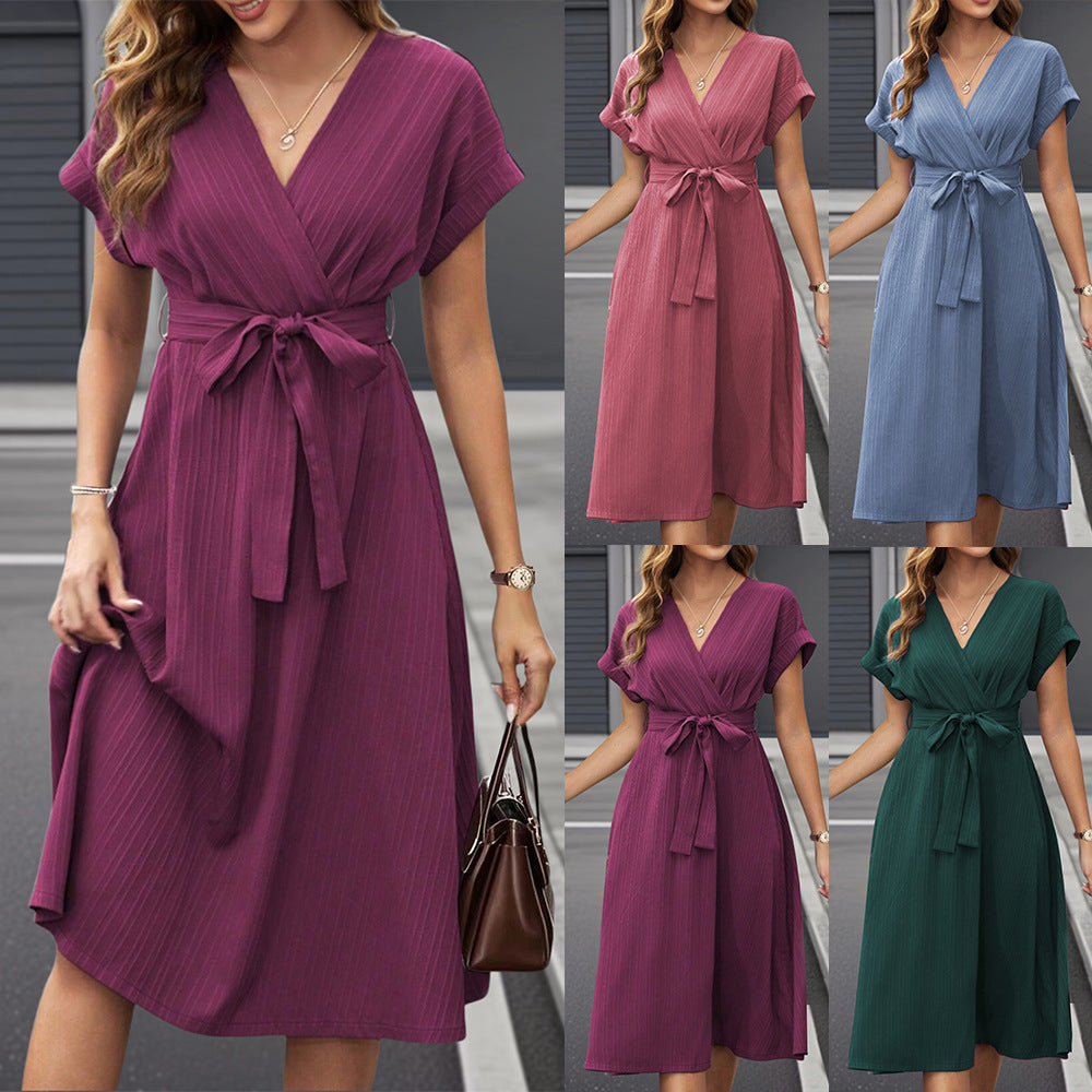 Women’s V Neck Tie Waist Midi Dress Short Sleeve