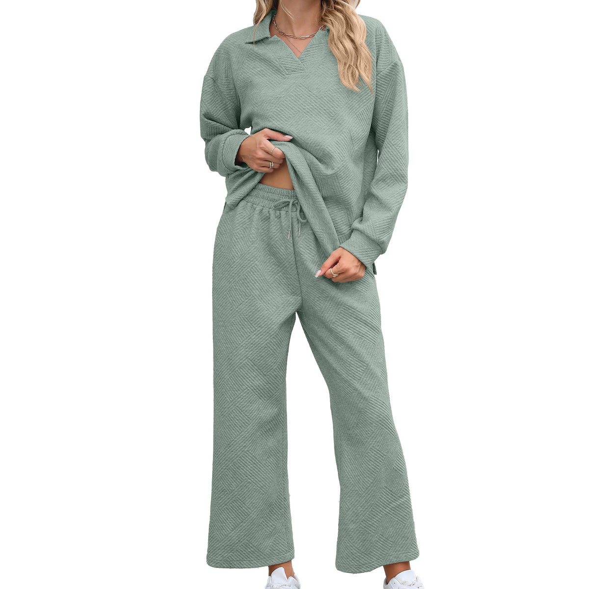 Women's Collared Sweatshirt & Wide Leg Pants Matching Set