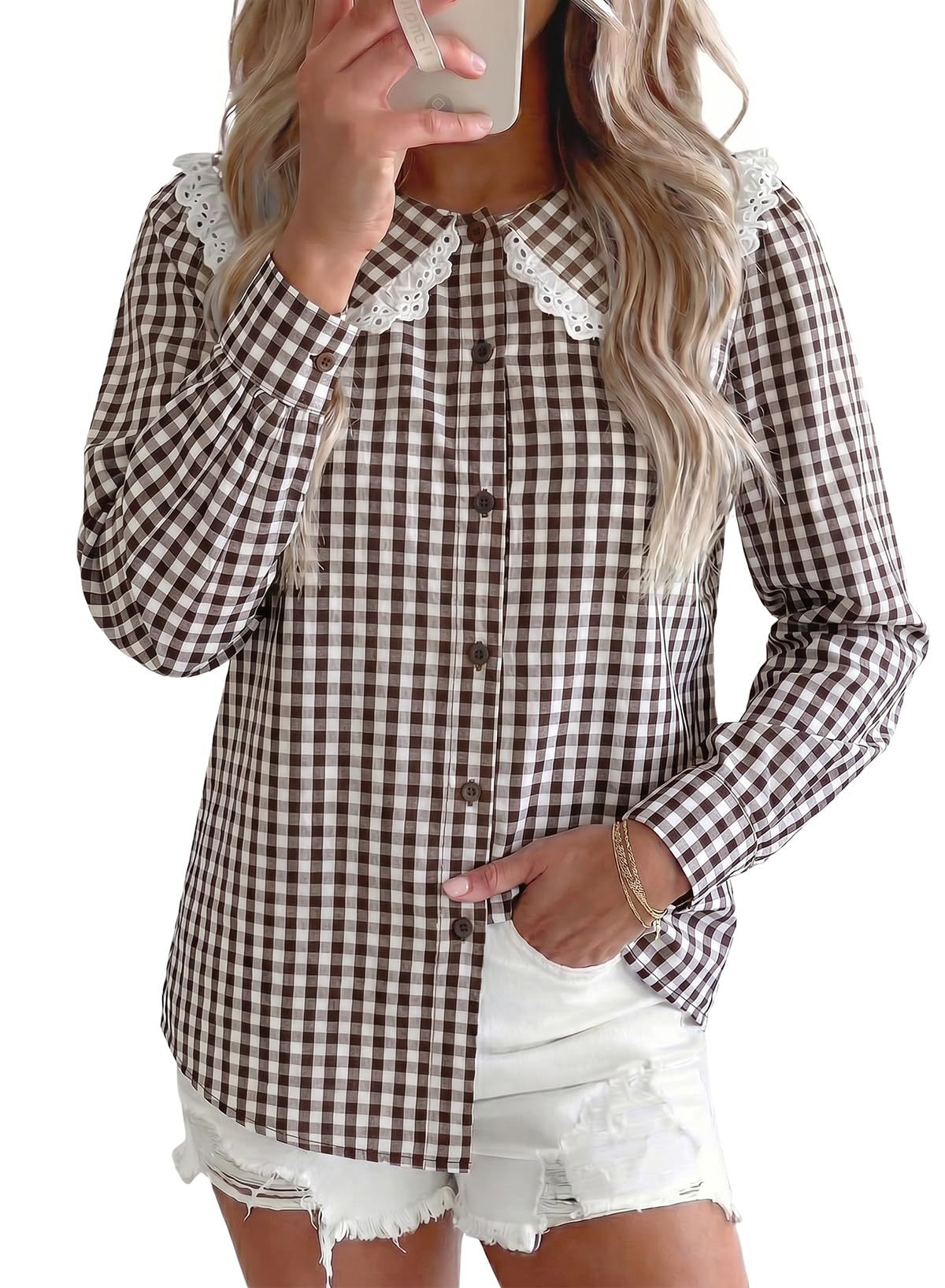 Gingham Lace Peter Pan Collar Long Sleeve Blouse