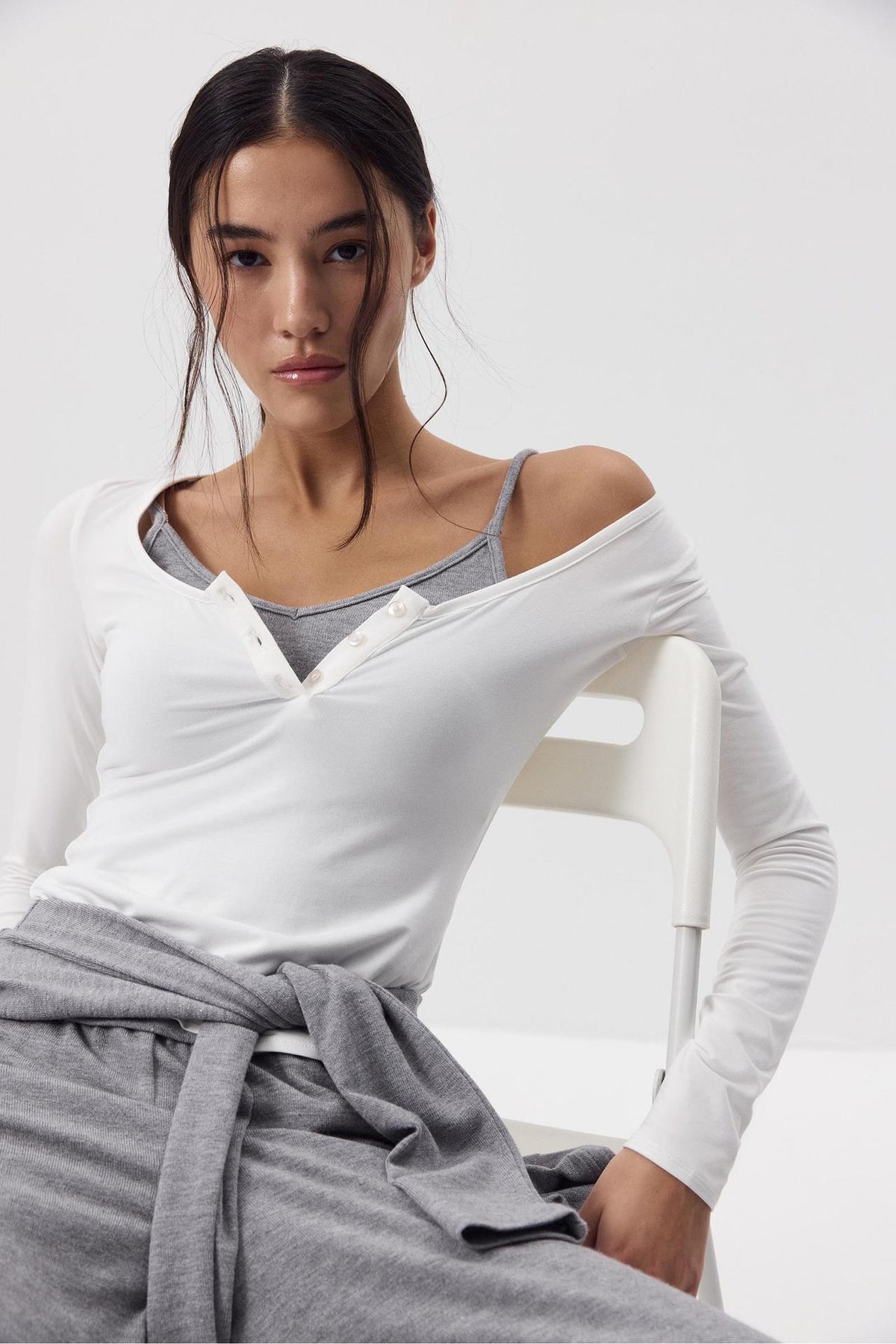Women's Soft Modal Long Sleeve U-Neck Button Fitted Top