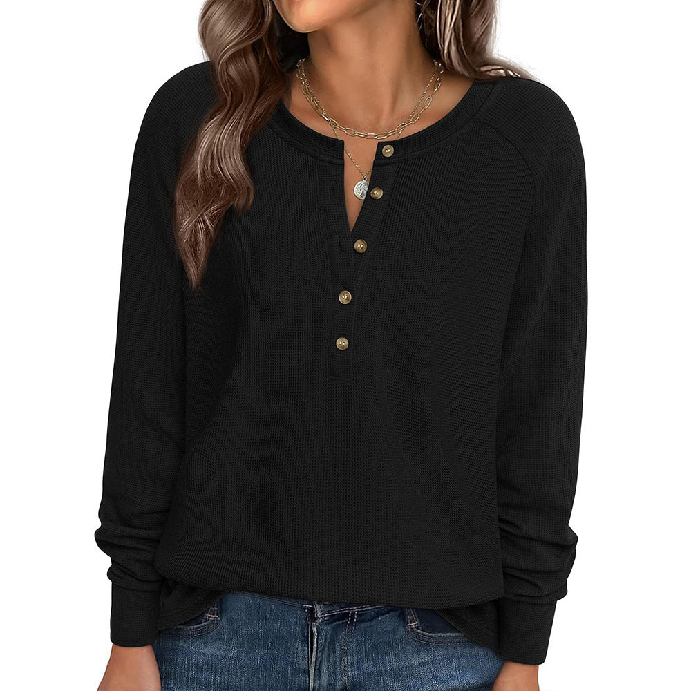 Henley Button Front Waffle Knit Long Sleeve Top