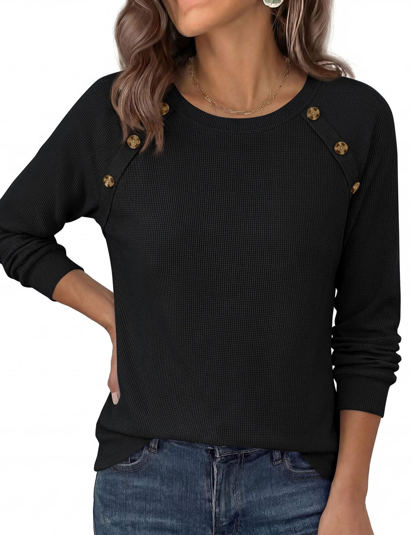 Waffle Knit Button Detail Top Long Sleeve Casual Pullover
