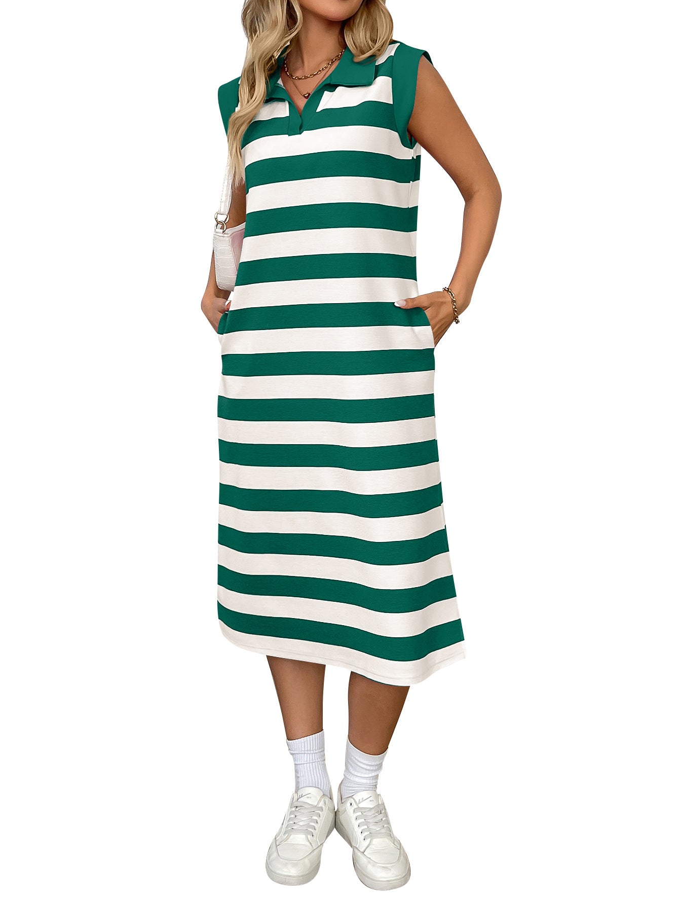 Striped Polo Collar Sleeveless Midi Dress with Pockets