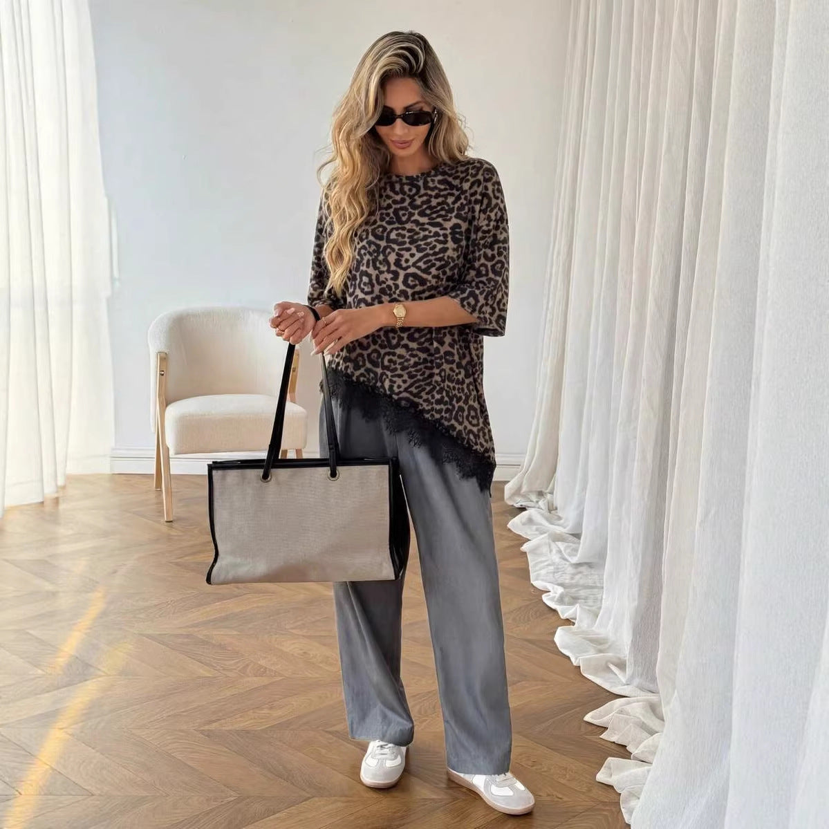 Leopard Print Top Lace Trim Loose Fit Short Sleeve T-Shirt