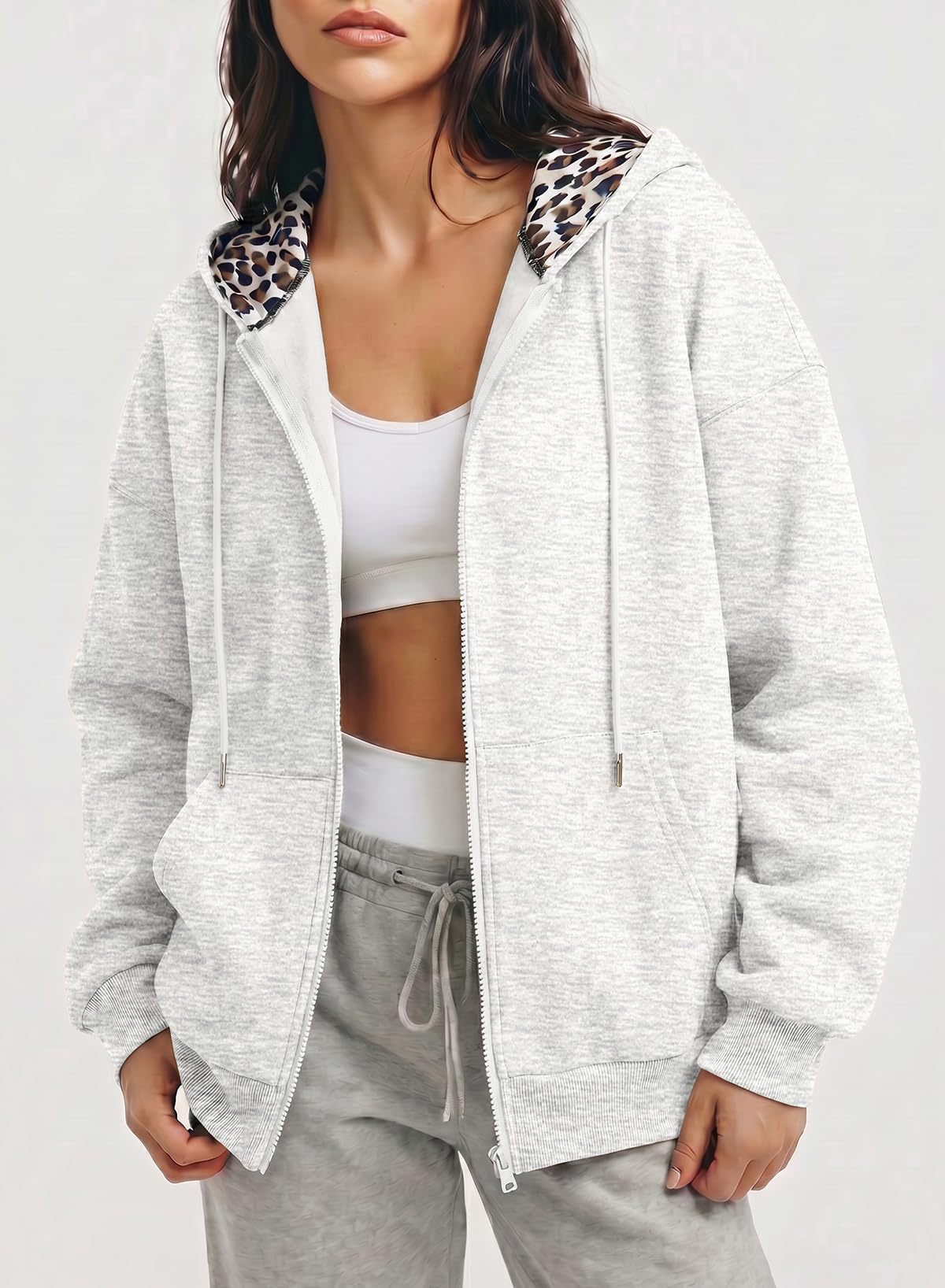 Women's Oversized Leopard Zip Up Hoodie