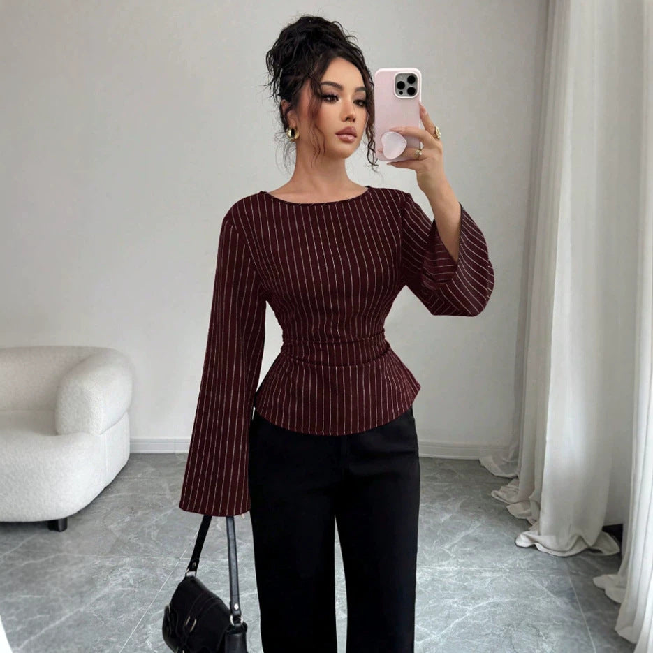 Women's Striped Bell Sleeve Tie Waist Blouse