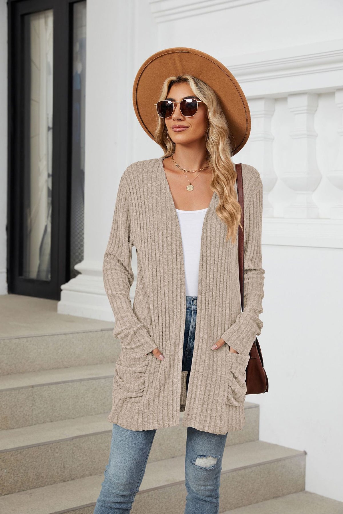 Women's Long Ribbed Open Front Cardigan with Pockets