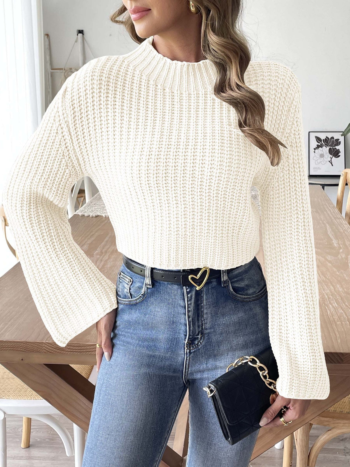 Women's Cropped Mock Neck Bell Sleeve Knit Sweater