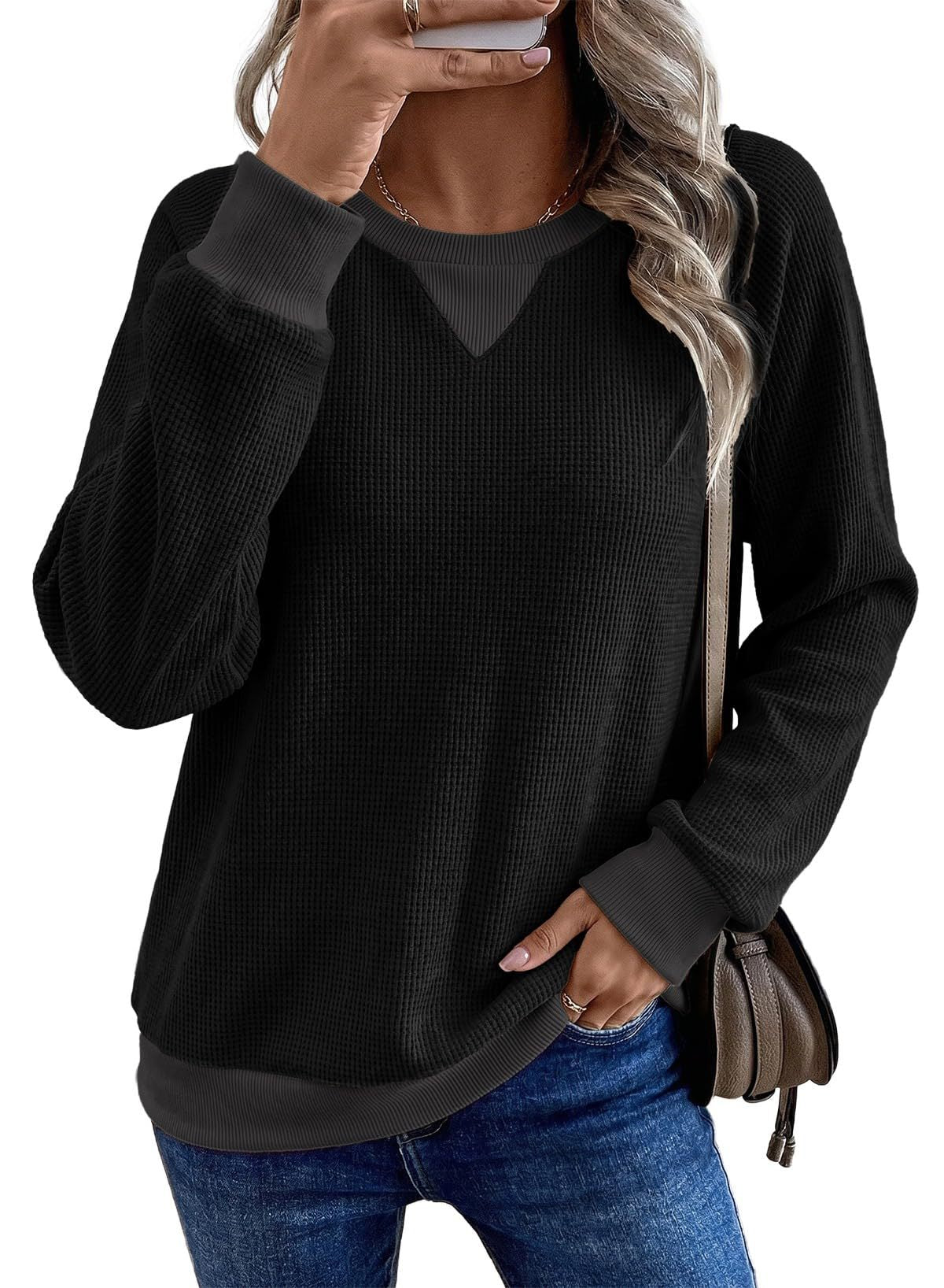 Contrast Waffle Knit Long Sleeve Casual Pullover Top