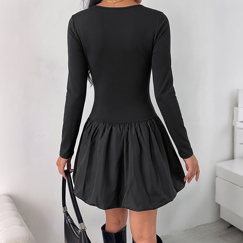 Square Neck Mini Dress Long Sleeve High Waist Casual Style