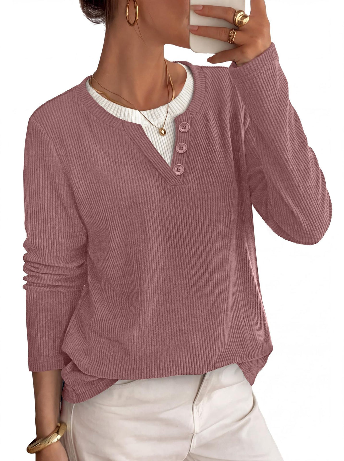 Women's Oversized Ribbed Henley Layered Long Sleeve Top