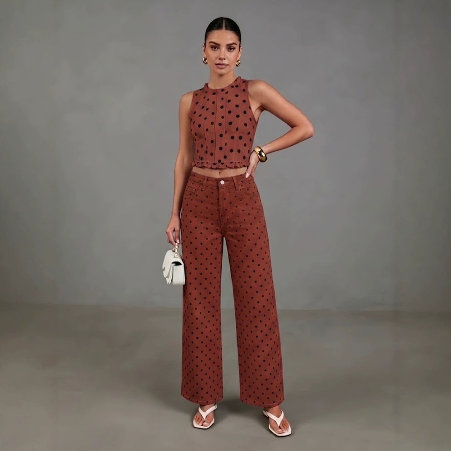 Polka Dot Denim Jeans Vintage High Waist Wide Leg