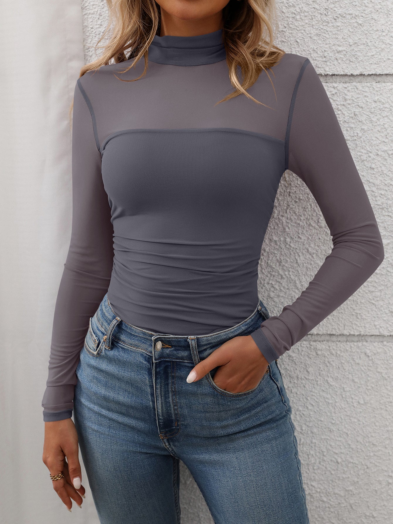 Women's Half High Neck Sheer Long Sleeve Sexy Y2K Mesh Top