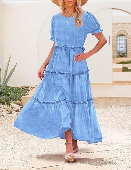 Floral Print Puff Sleeve Tiered Maxi Dress for Summer
