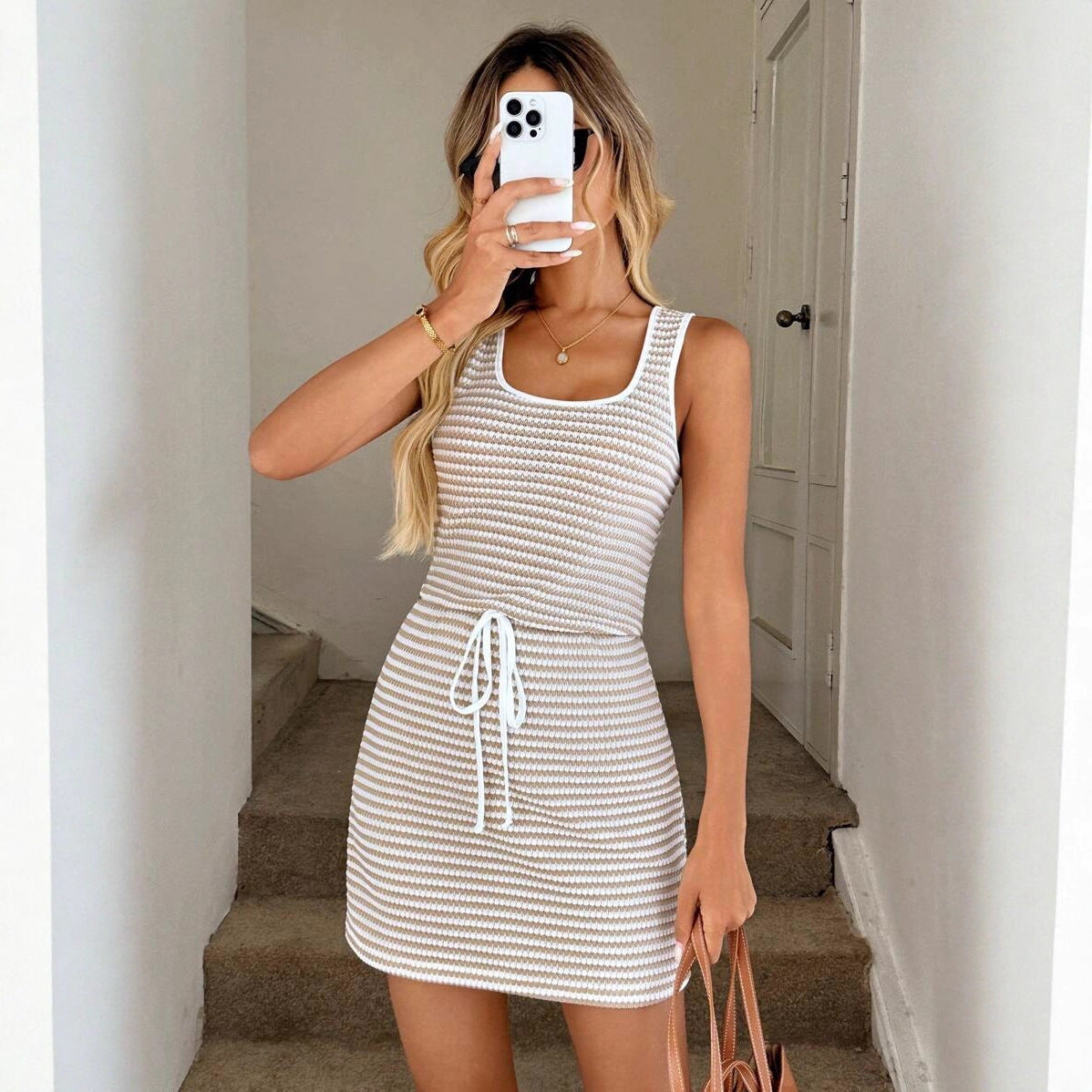Striped Square Neck Drawstring Knit Mini Dress