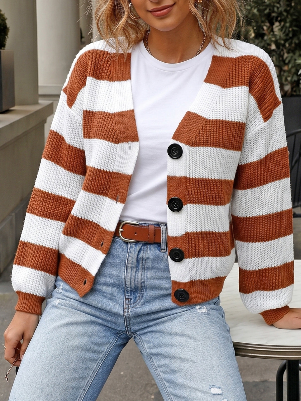 Women's Striped Color Block V Neck Button Front Cardigan