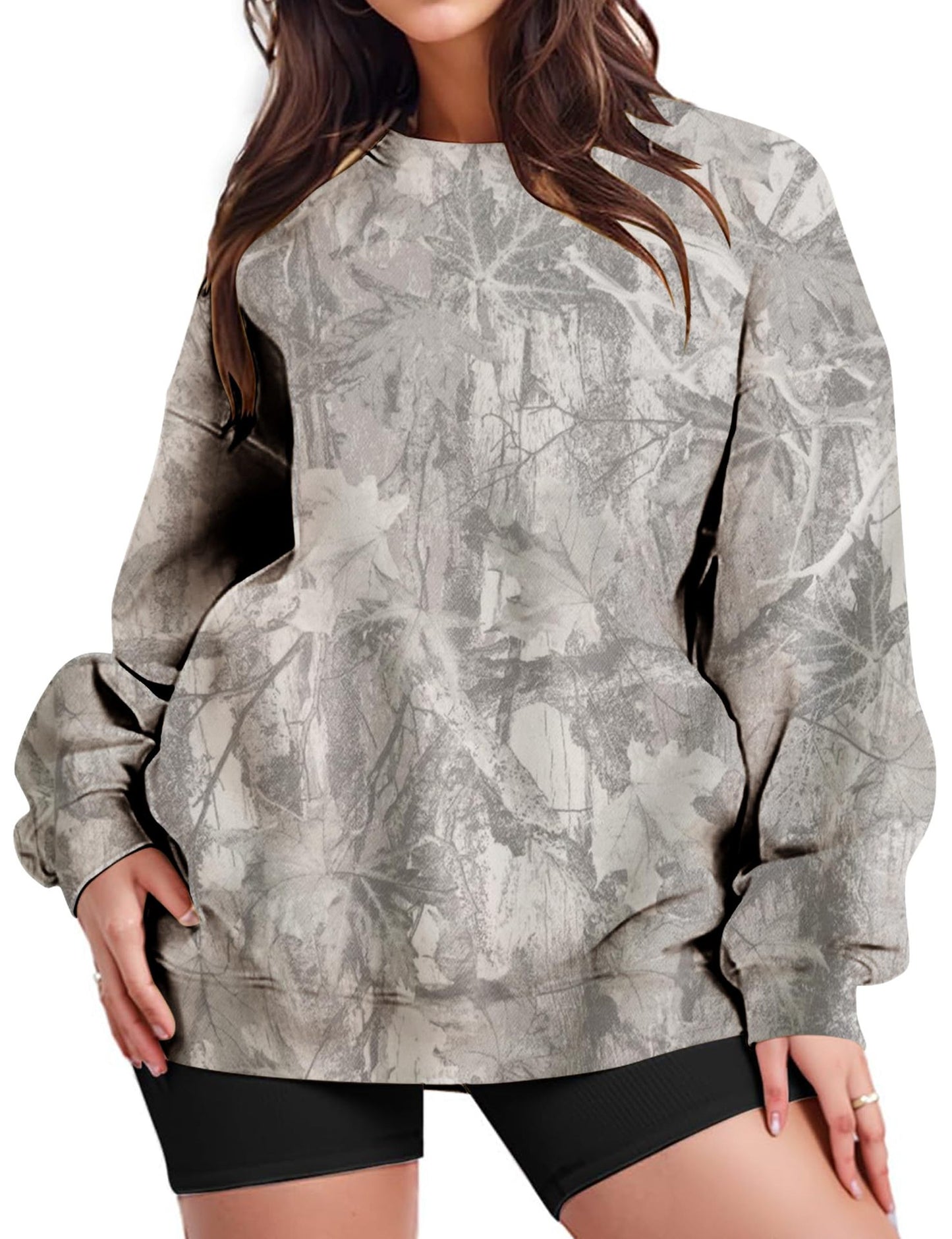 Camo Leaf Print Pullover Sweatshirt Women Oversized Casual Top