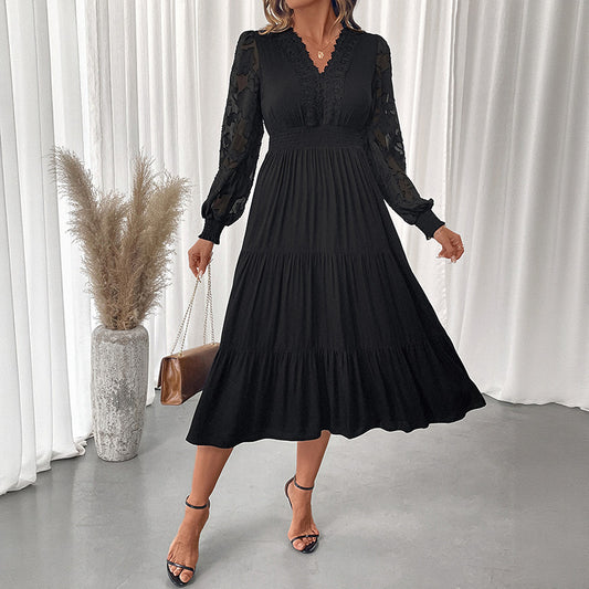 Elegant V Neck Lace Long Sleeve Black Midi Dress
