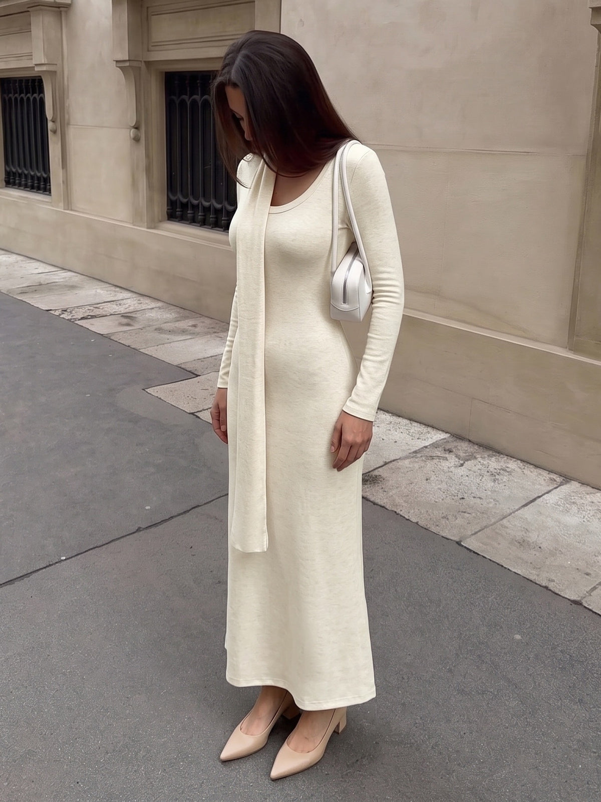 Square Neck Knit Bodycon Maxi Dress Long Sleeve Scarf Flare