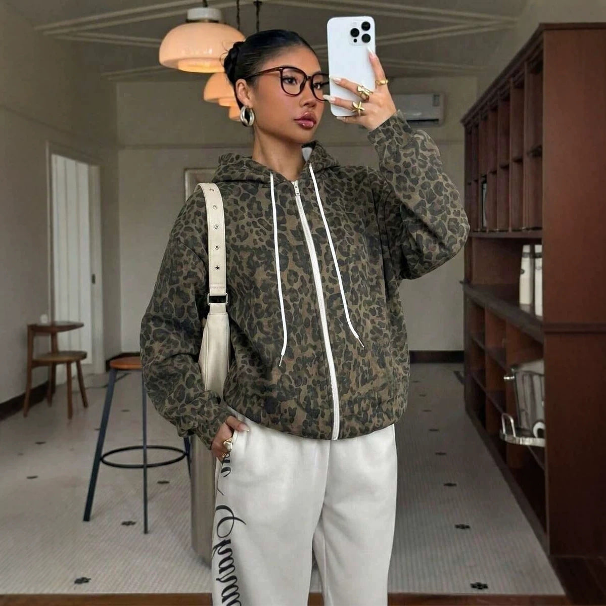 Women's Leopard Print Zip Up Fleece Hoodie Jacket