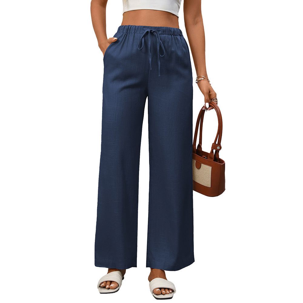 High Waist Cotton Linen Wide Leg Pants with Pockets