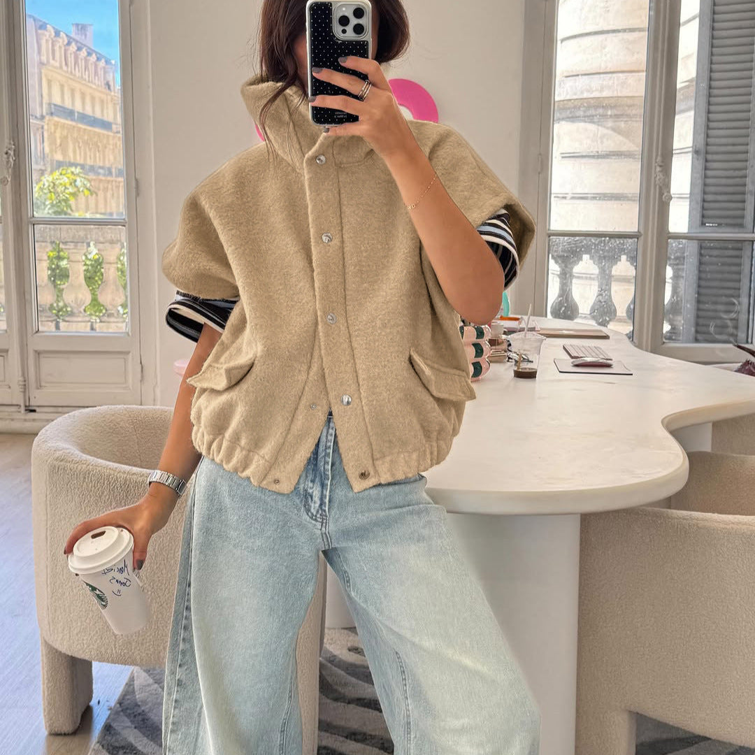 Women's Oversized Sherpa Fleece Vest Mock Neck Button Up