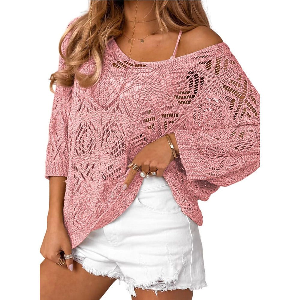 Openwork Crochet Knit Top Boho V Neck