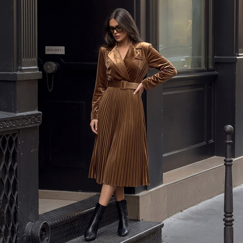 Velvet Pleated Midi Dress Long Sleeve Belted Lapel