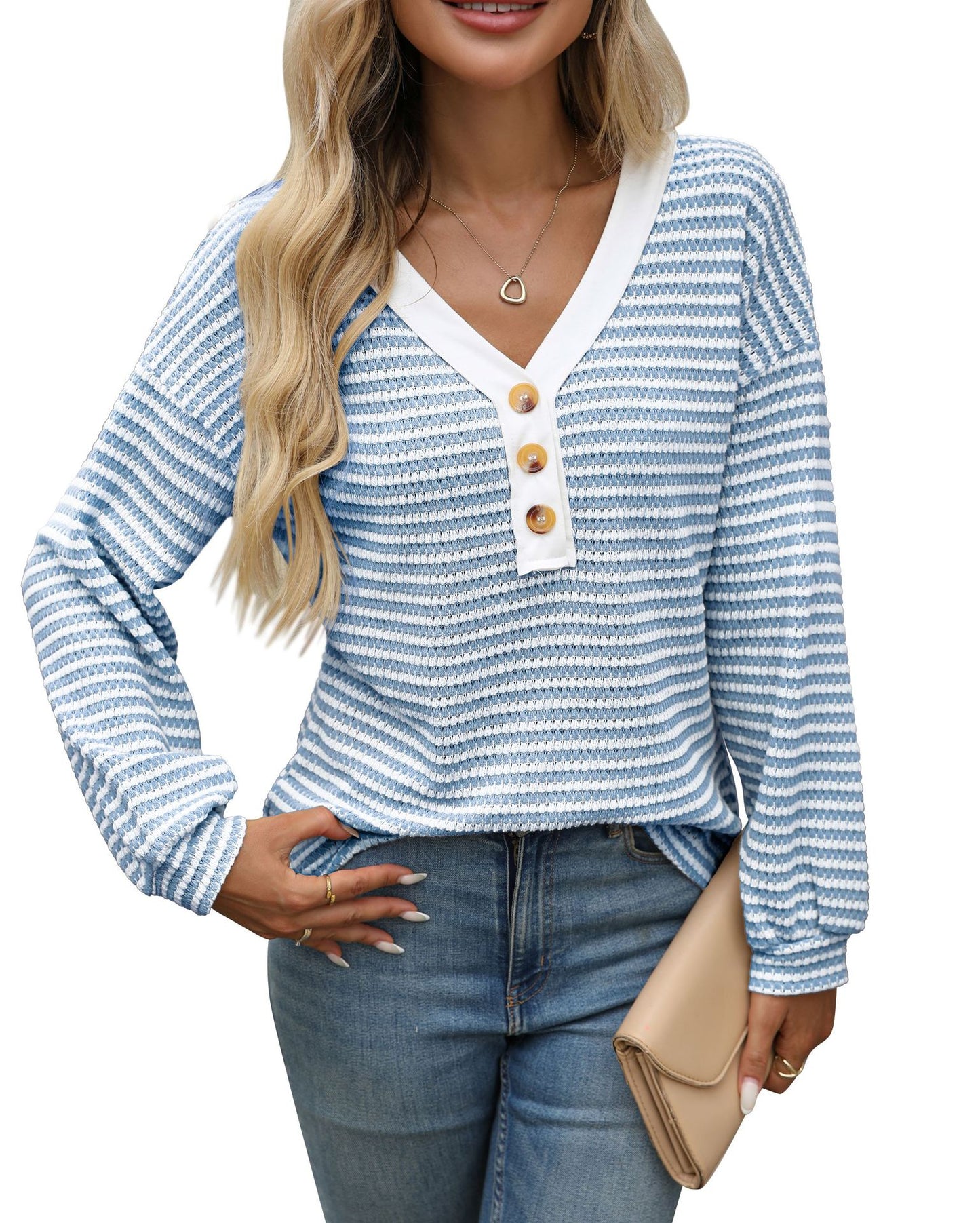 Striped Cotton Blend Top Casual Henley V Neck Tunic
