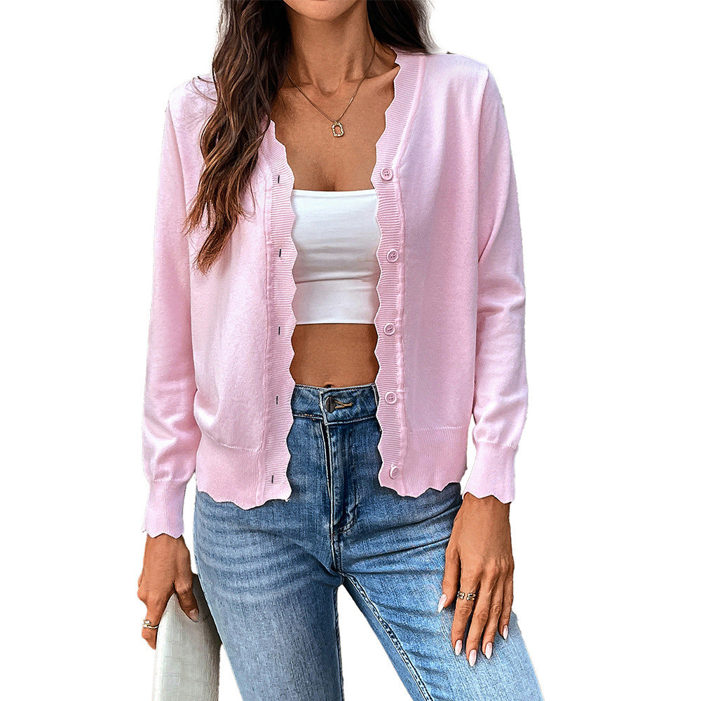 Lightweight V-Neck Scalloped Knit Cardigan for Women