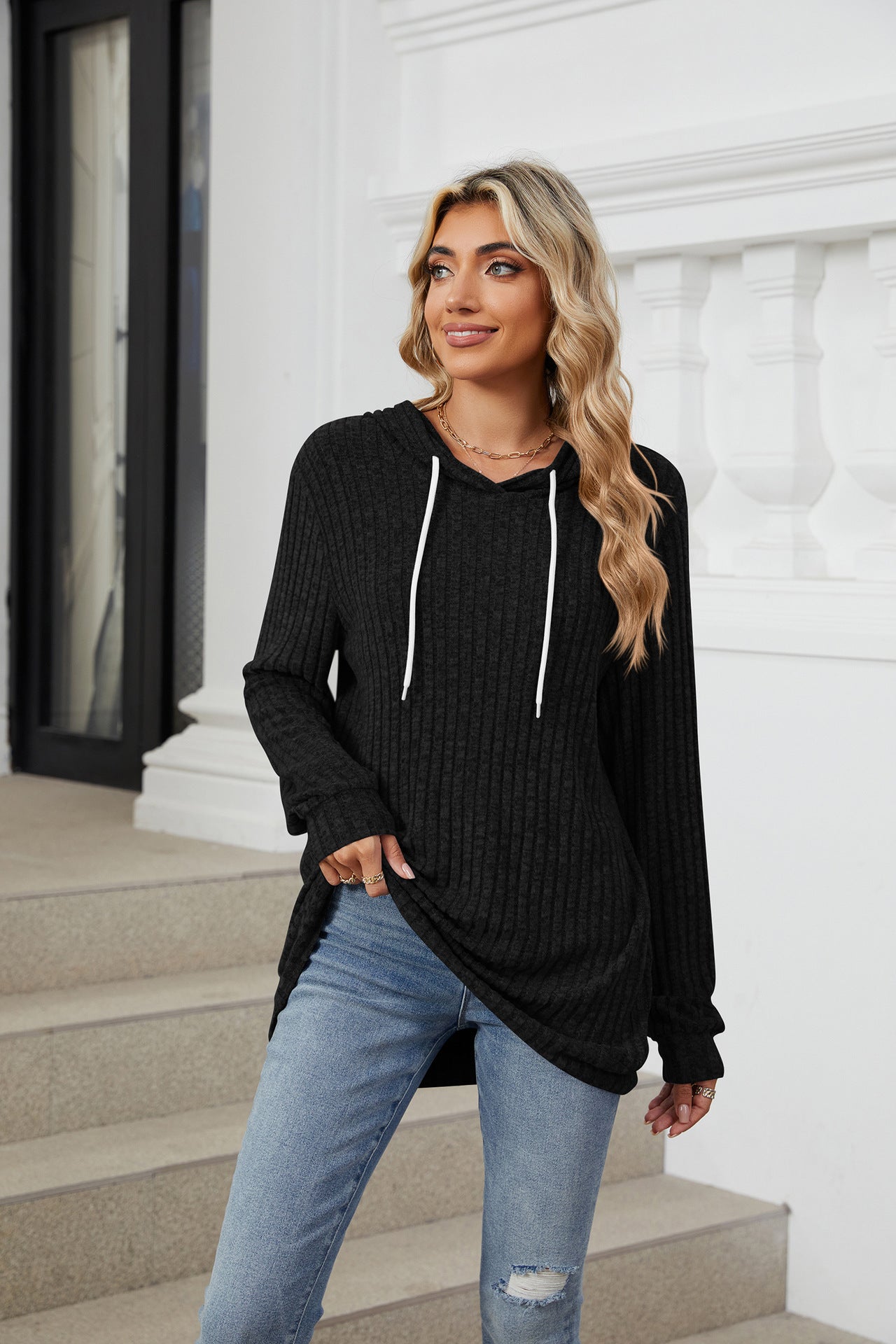 Solid Color Long-sleeved Loose Hooded Polished Sweater