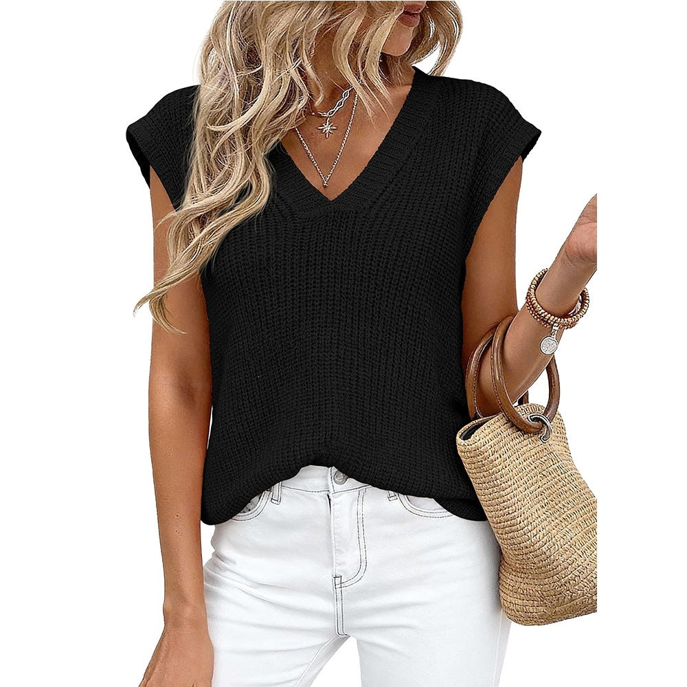 Women’s V Neck Sleeveless Knit Sweater Vest Loose Casual Summer Pullover Top
