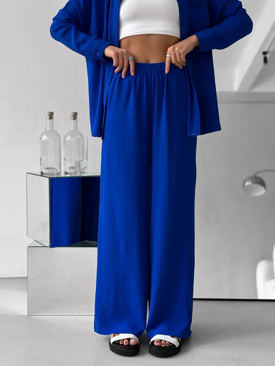 Two Piece Pants Set with Button-Down Shirt & Wide-Leg Pants