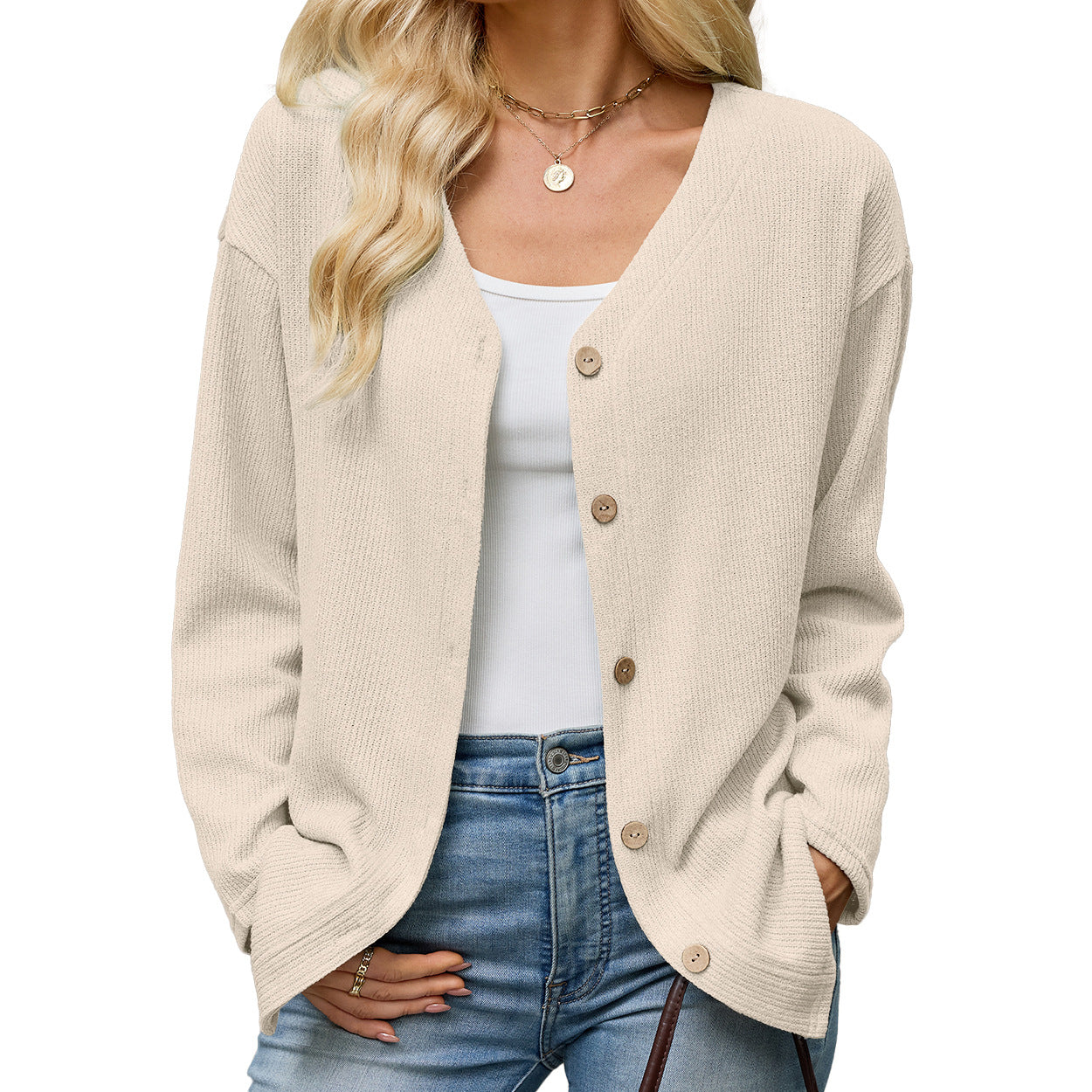 Women's Long Sleeve V Neck Button Front Loose Knit Cardigan