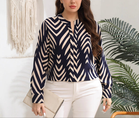 Plus Size Geometric Print Long Sleeve Blouse