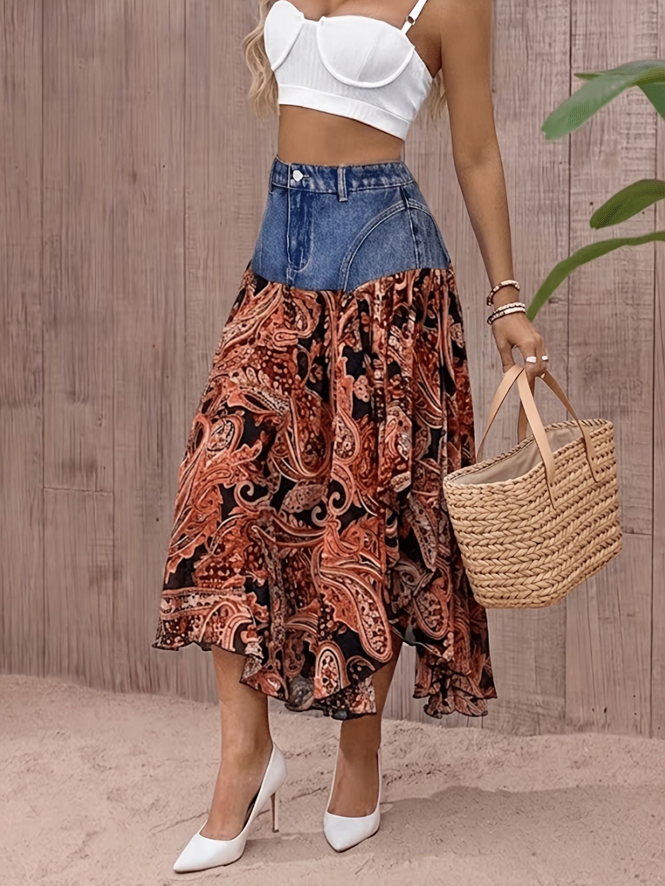 Paisley Chiffon Maxi Skirt Denim Yoke Asymmetrical Hem