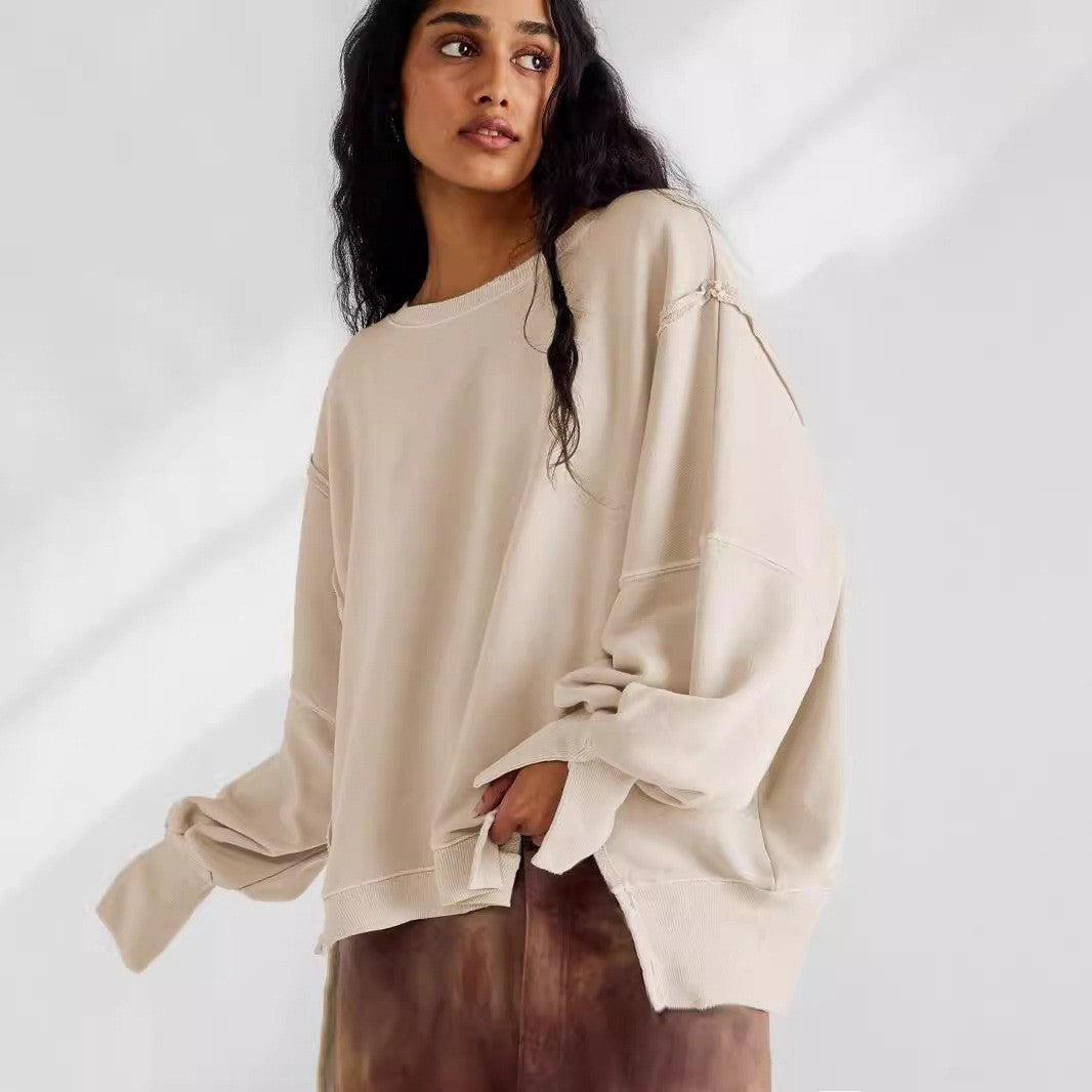 Womens Oversized Crewneck Sweatshirt Side Slit Long Sleeve