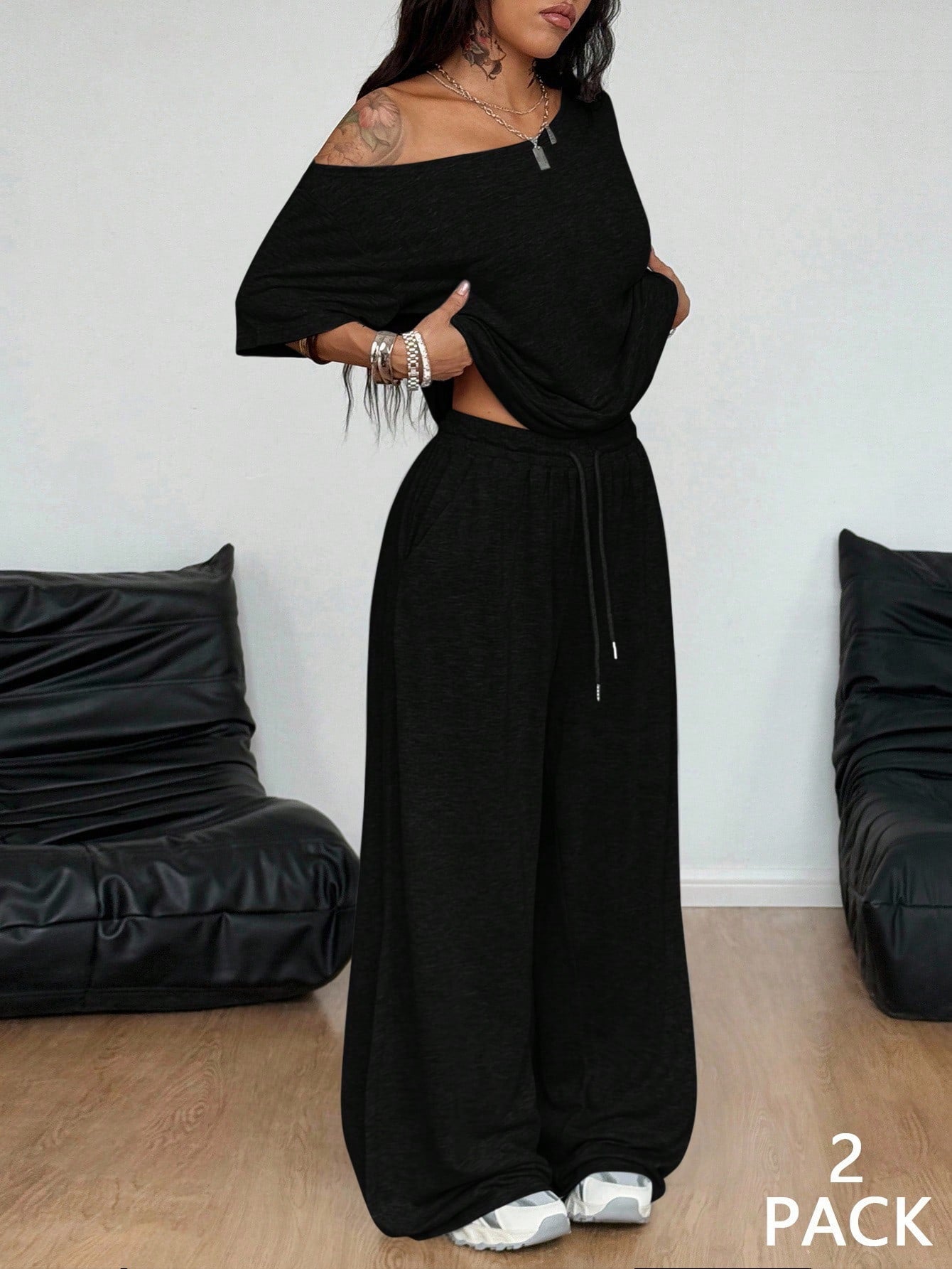Off Shoulder Wide Leg Pants Set Casual Lounge Two Piece