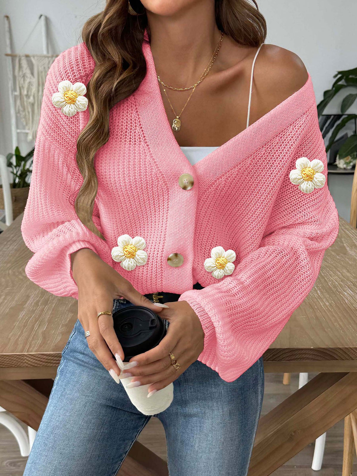 Women's Crochet Flower V Neck Button Down Cropped Cardigan