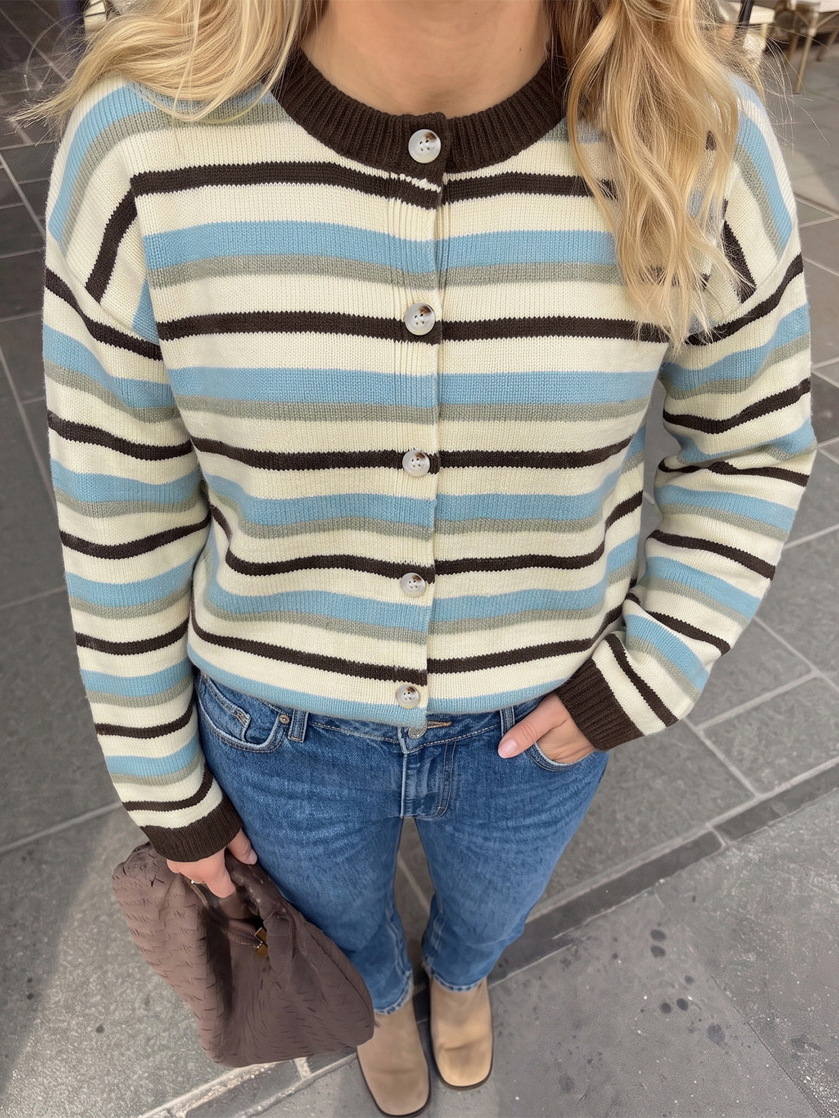 Oversized Striped Crew Neck Button Front Knit Cardigan