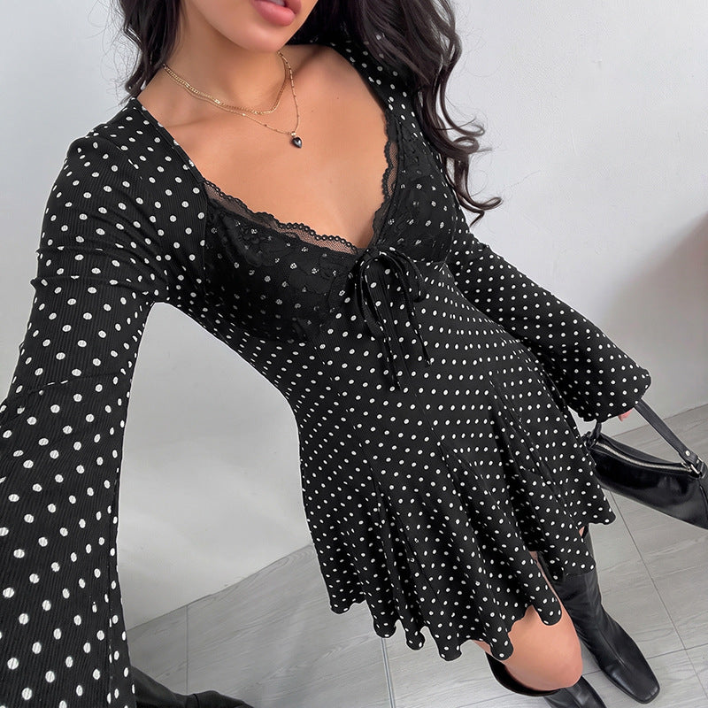 Polka Dot Lace V Neck Mini Dress Vintage Long Sleeve