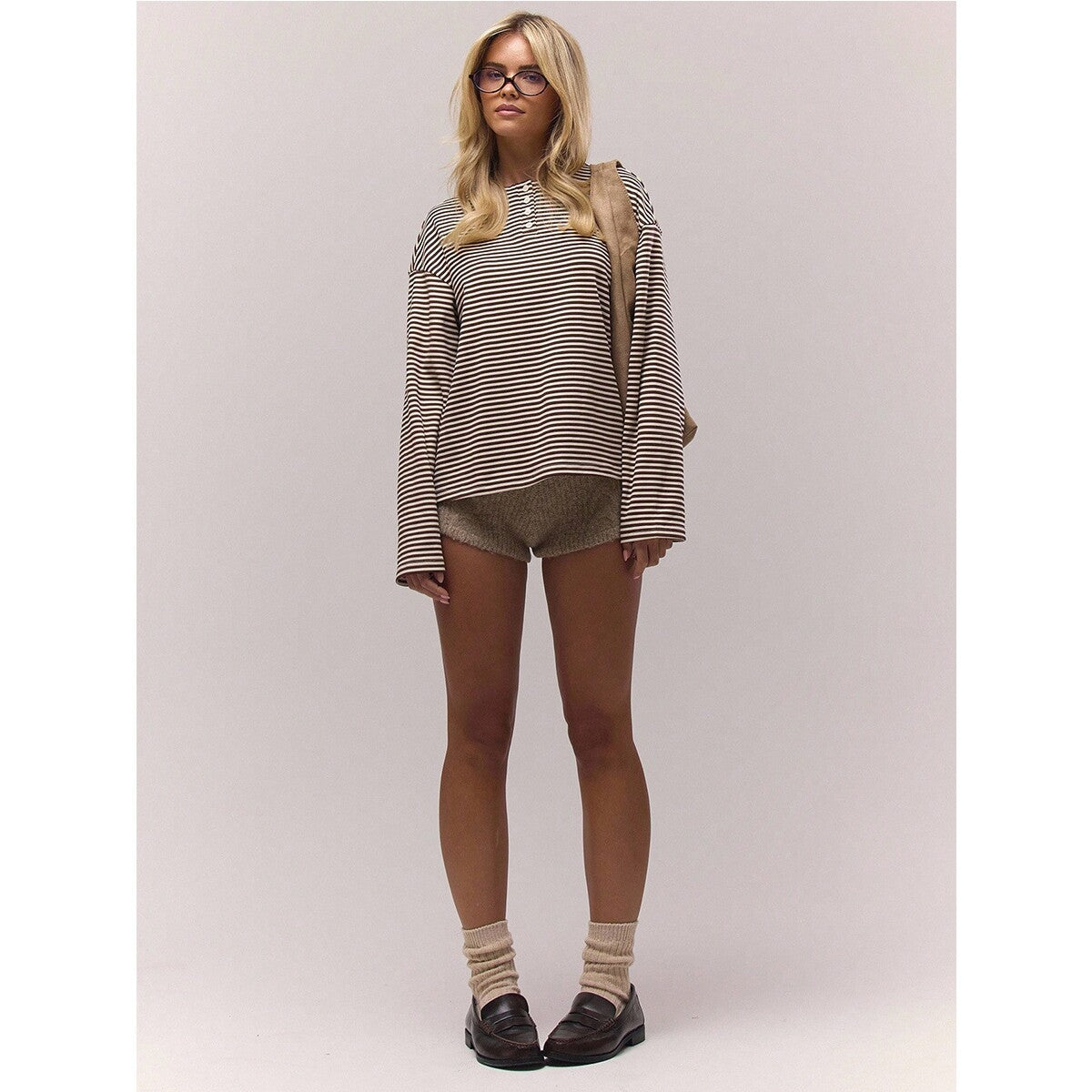 Striped Cotton Top Casual Henley Oversized Long Sleeve