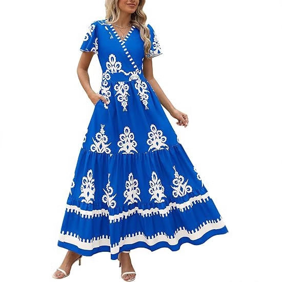 V Neck Floral Print Maxi Dress with Short Sleeves and Pockets