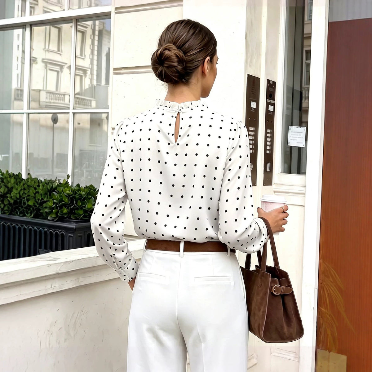 Women's Polka Dot Puff Sleeve Ruffle Neck Blouse
