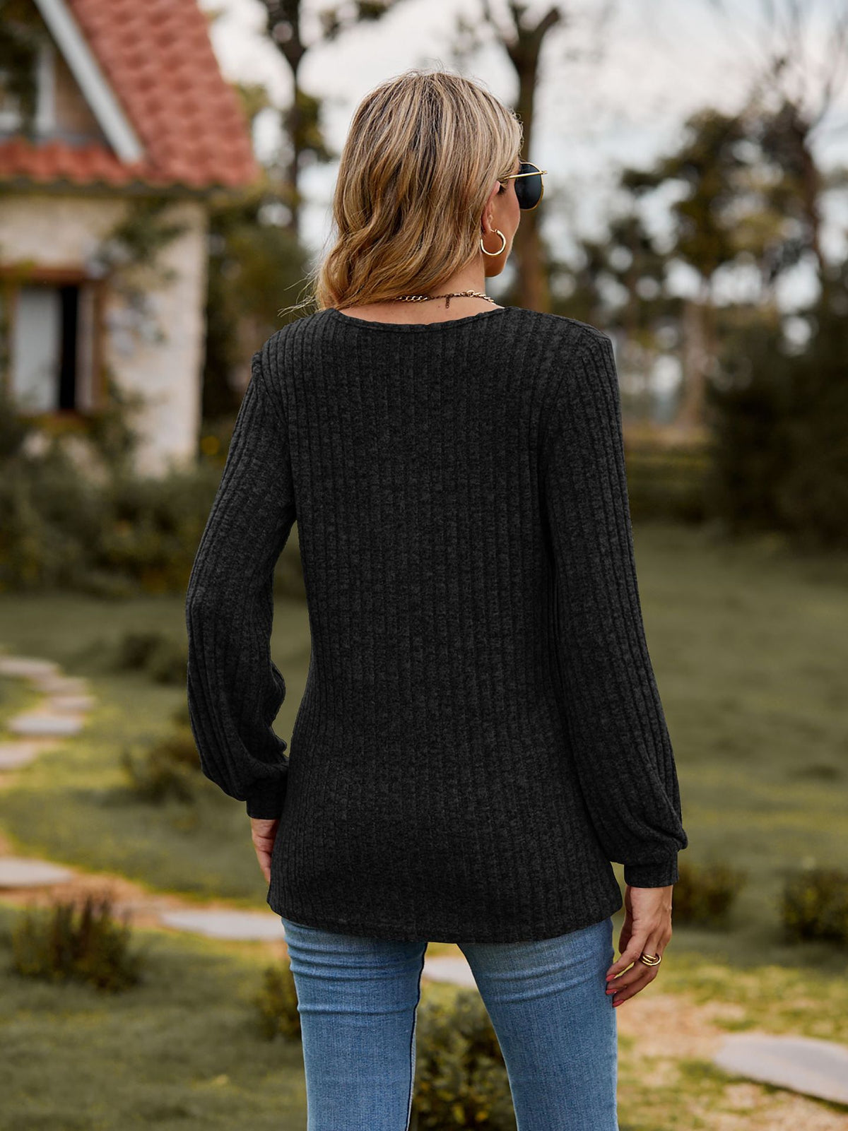 Women's Waffle Knit Button Front Lantern Sleeve Sweater