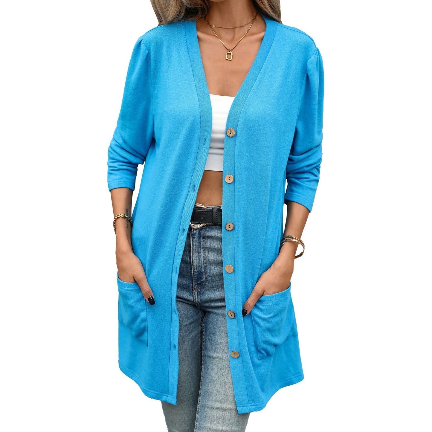 Women's V Neck Button Front Cardigan Long Sleeve Pockets