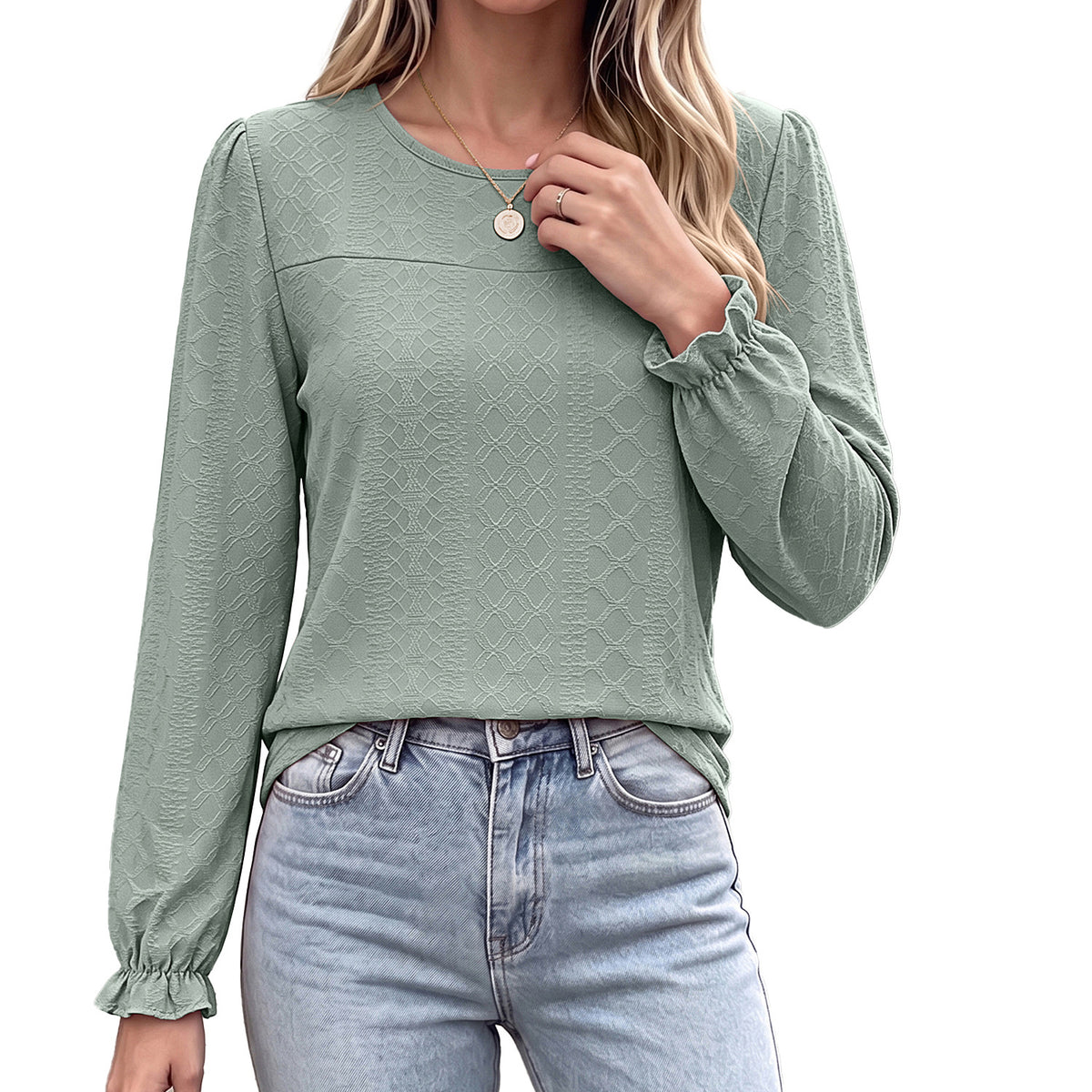 Women's Textured Long Sleeve Round Neck Ruffle Cuff Top