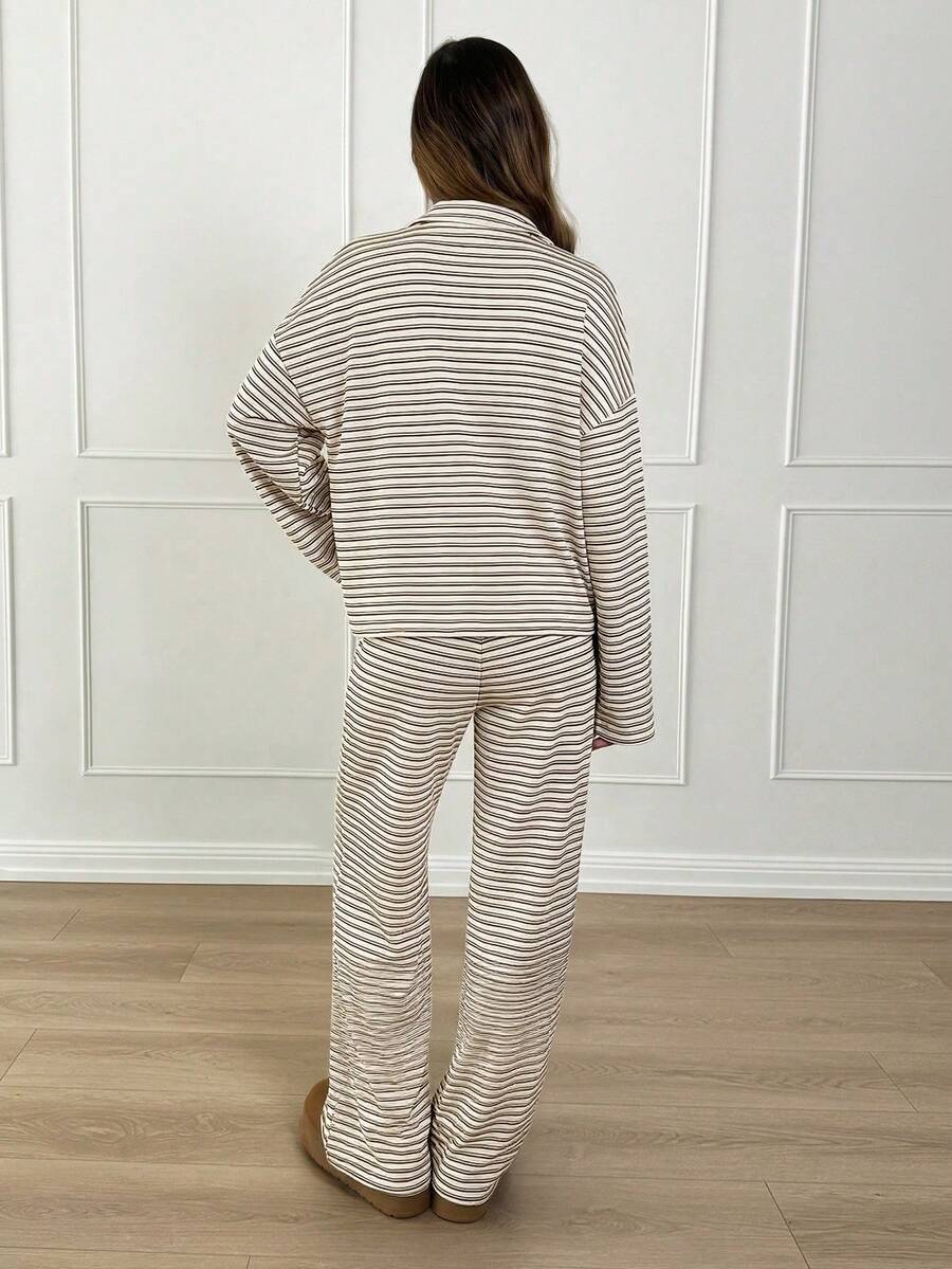 Striped Lounge Set Casual Collared Pullover Wide Leg Pants