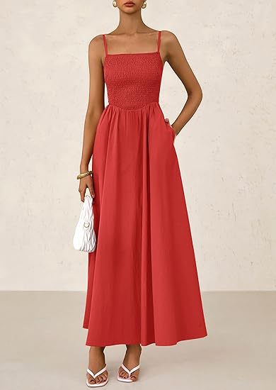 Spaghetti Strap Smocked Maxi Dress with Pockets for Summer